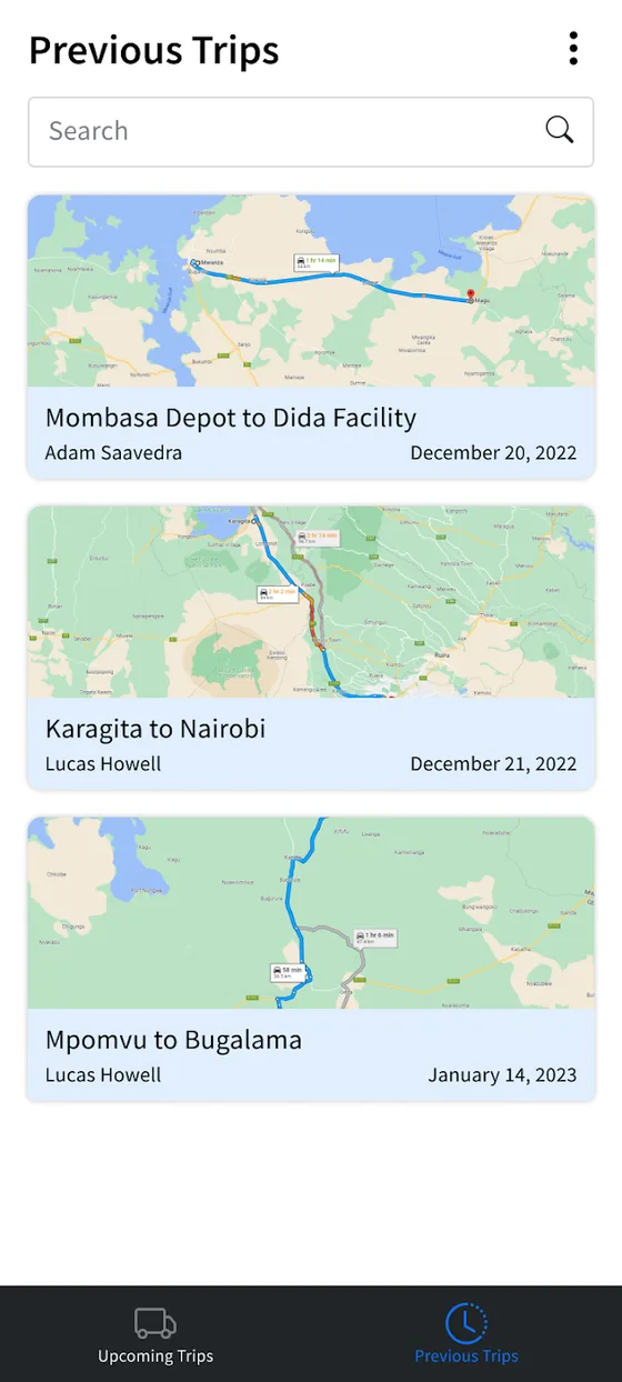 Previous trips, each with its route on a map