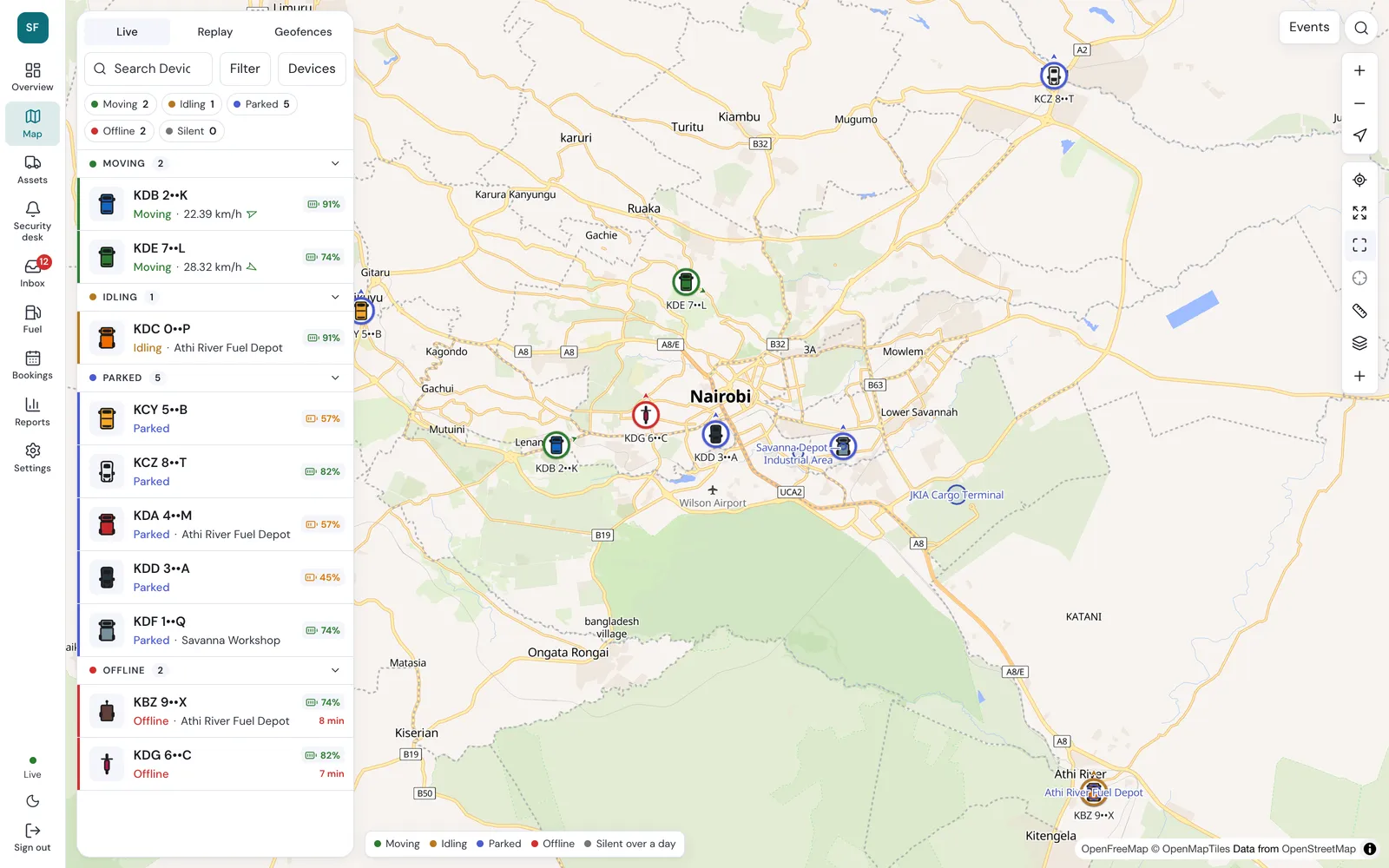 Lasit live map of a fleet around Nairobi, with vehicles grouped by moving, idling, parked and offline