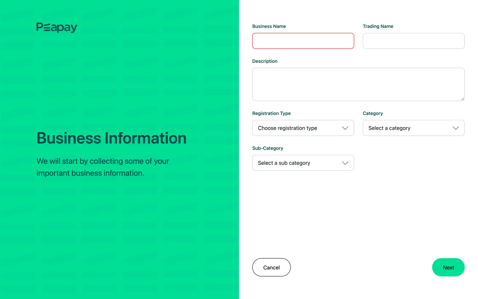Business sign-up: business name, registration type and category