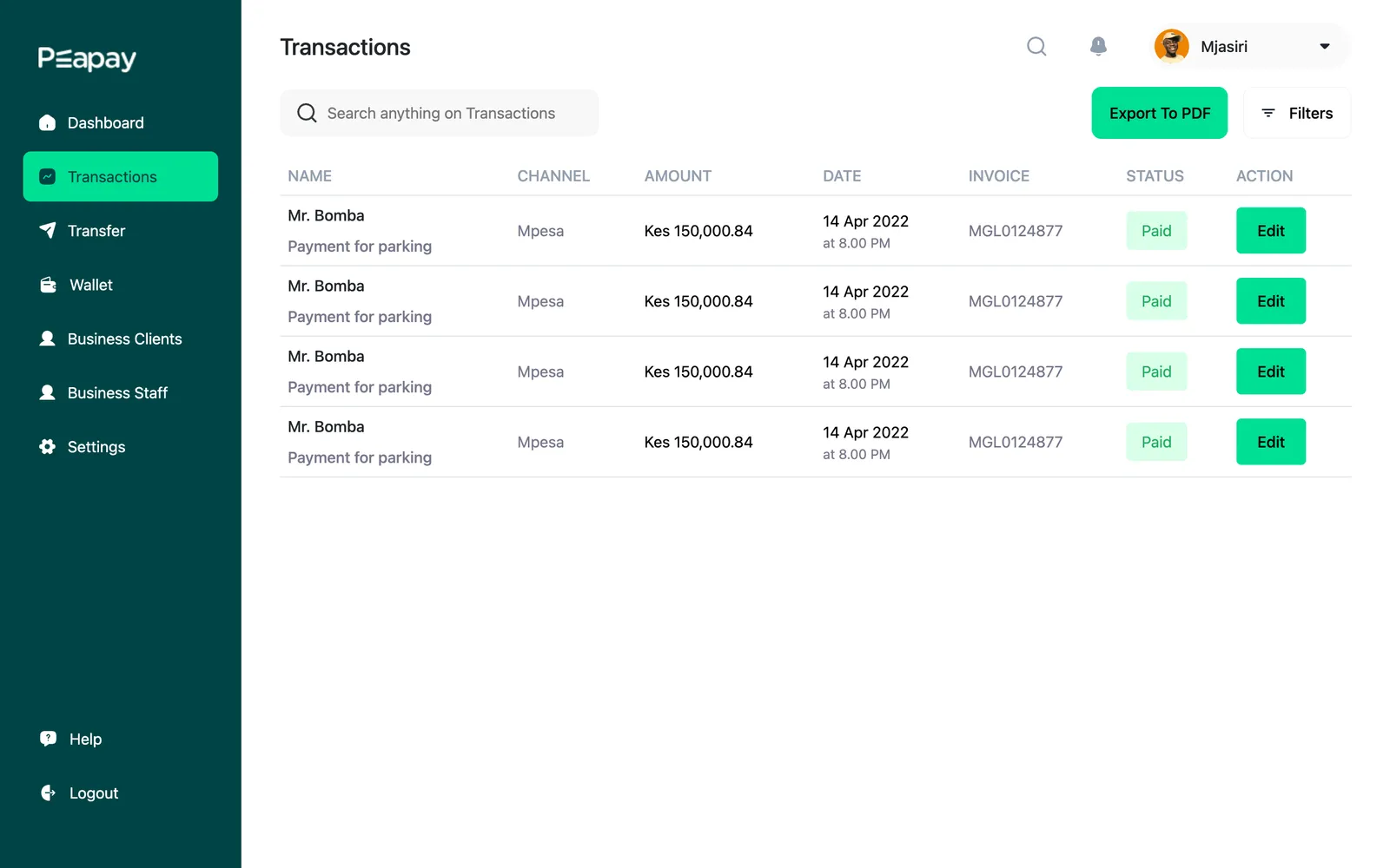 Transactions table with export to PDF and filters
