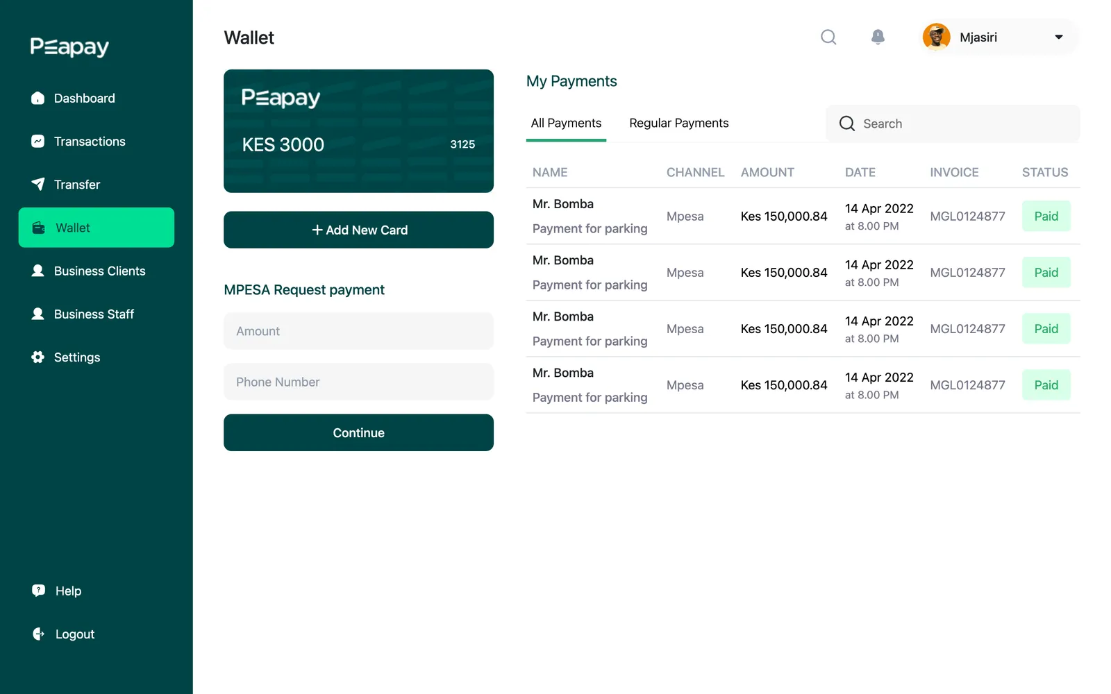 Peapay wallet: balance card, an M-Pesa payment request and a table of received payments
