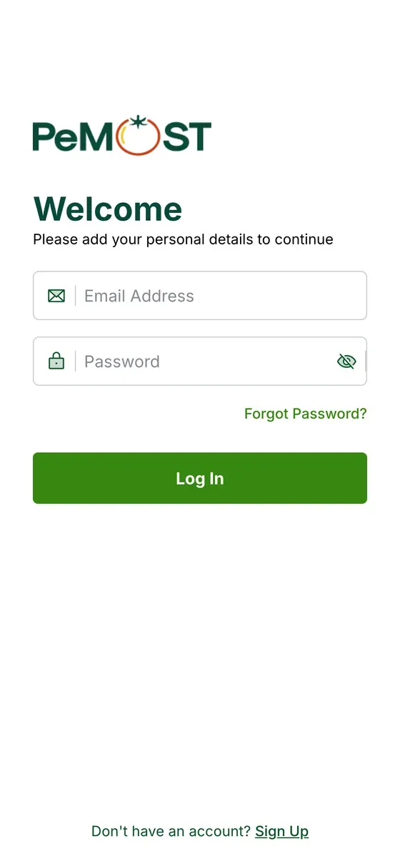 PeMOST sign-in screen