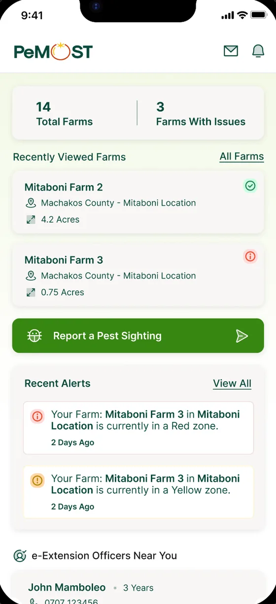 Farmer's home: their farms, a button to report a pest sighting, and red and yellow zone alerts